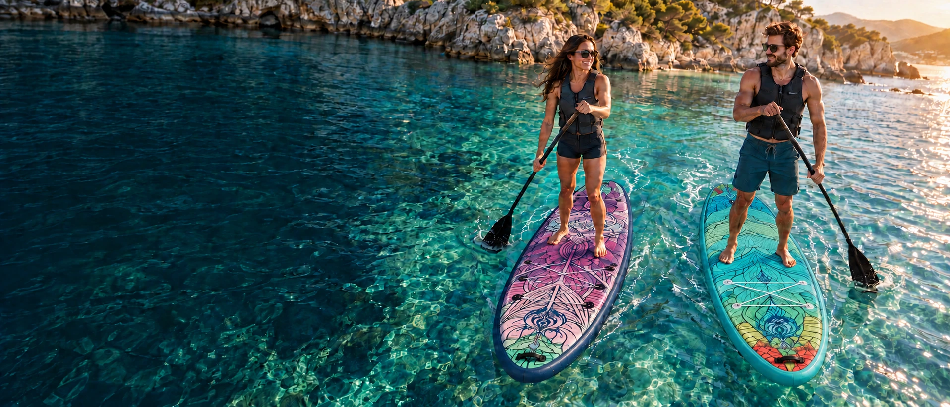Two friends paddling Oasis Adventure and Dragon's Wave boards in a clear coastal cove